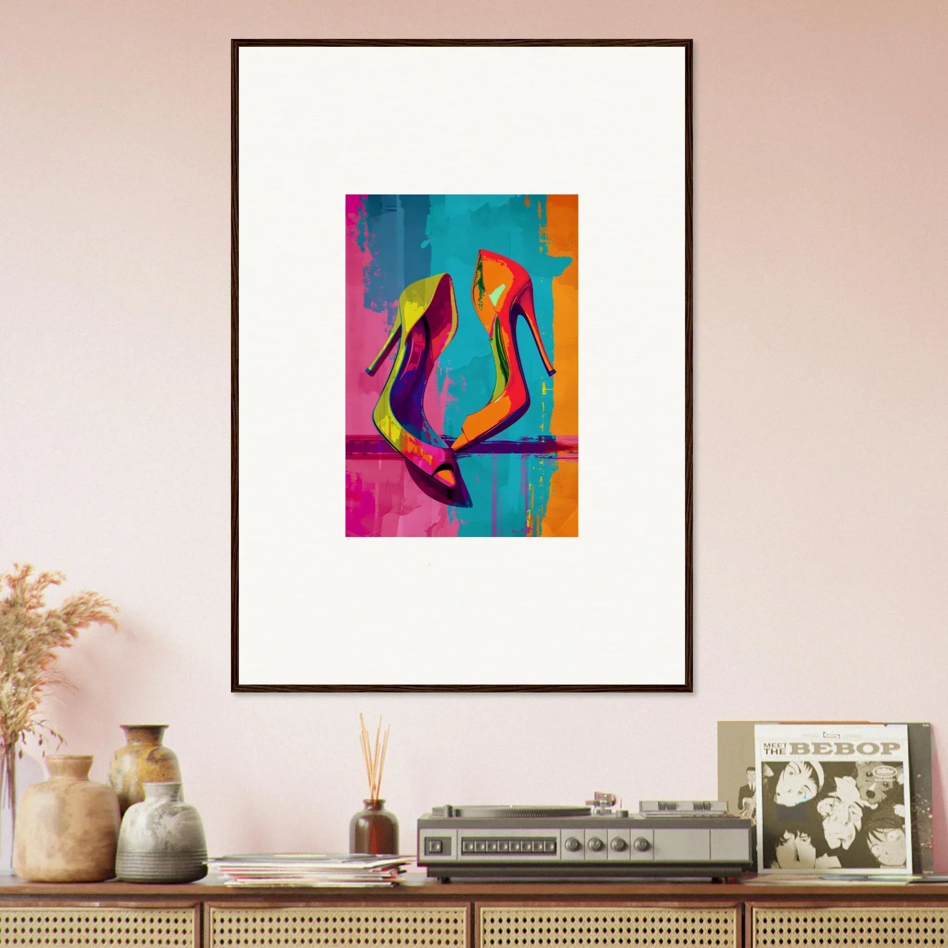 Framed colorful canvas print of high-heeled shoes for fun room decoration