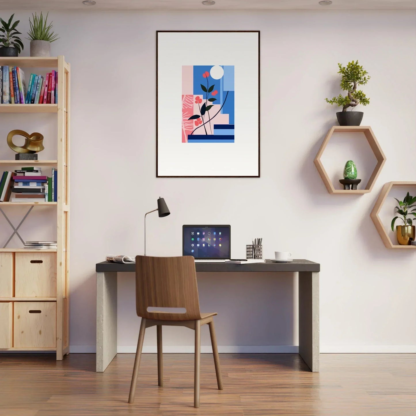 Modern home office with floral paradox canvas print and stylish room decoration