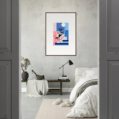 Framed canvas print of Luminous Floral Paradox with geometric blue, pink, and black shapes