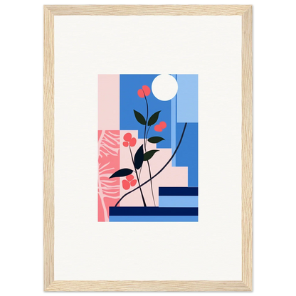 Framed Luminous Floral Paradox canvas print with abstract flowers and colorful blocks