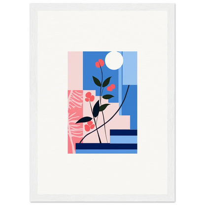 Abstract floral illustration of red flowers in geometric blue and pink for room decoration