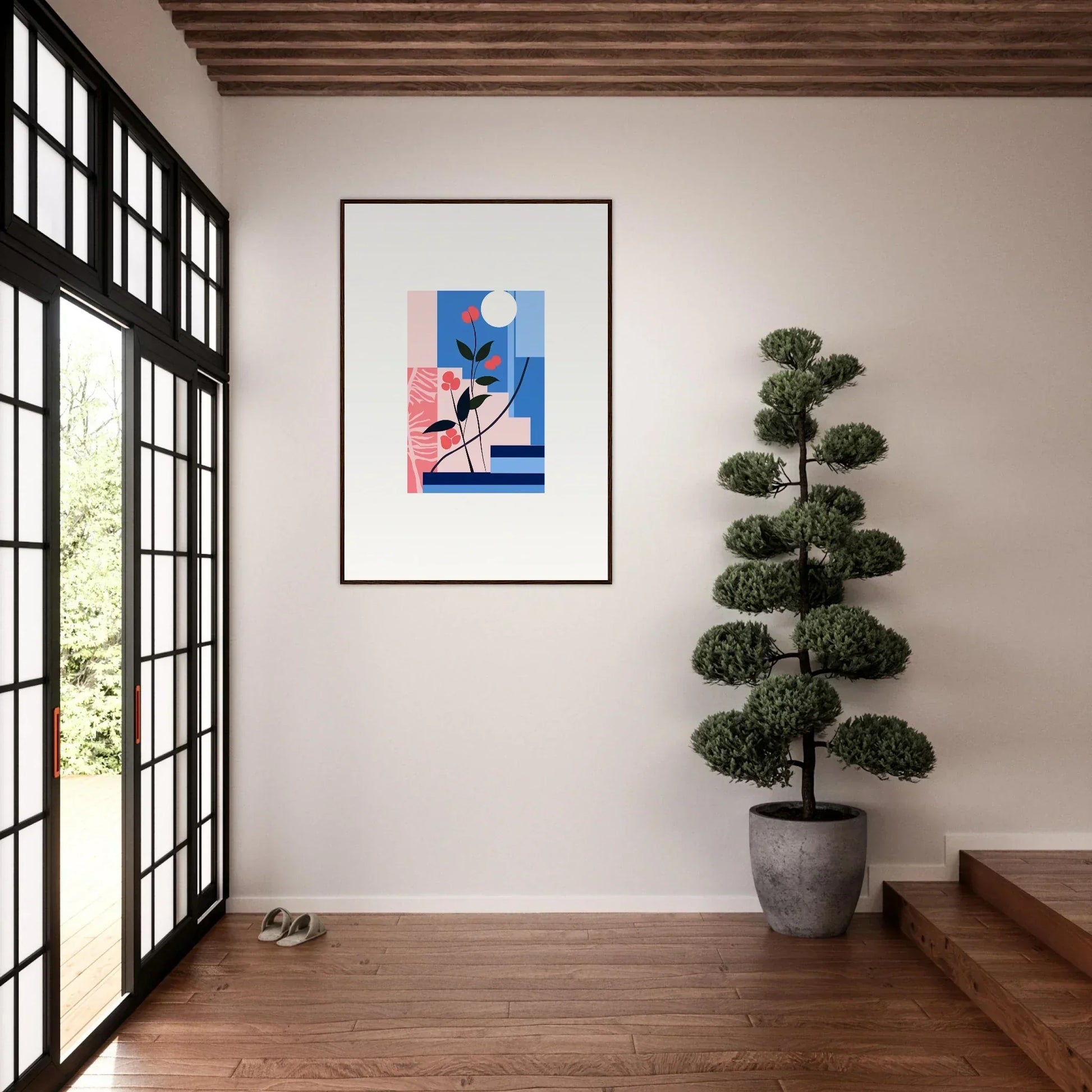 Framed canvas print of Luminous Floral Paradox with pink and blue geometric shapes