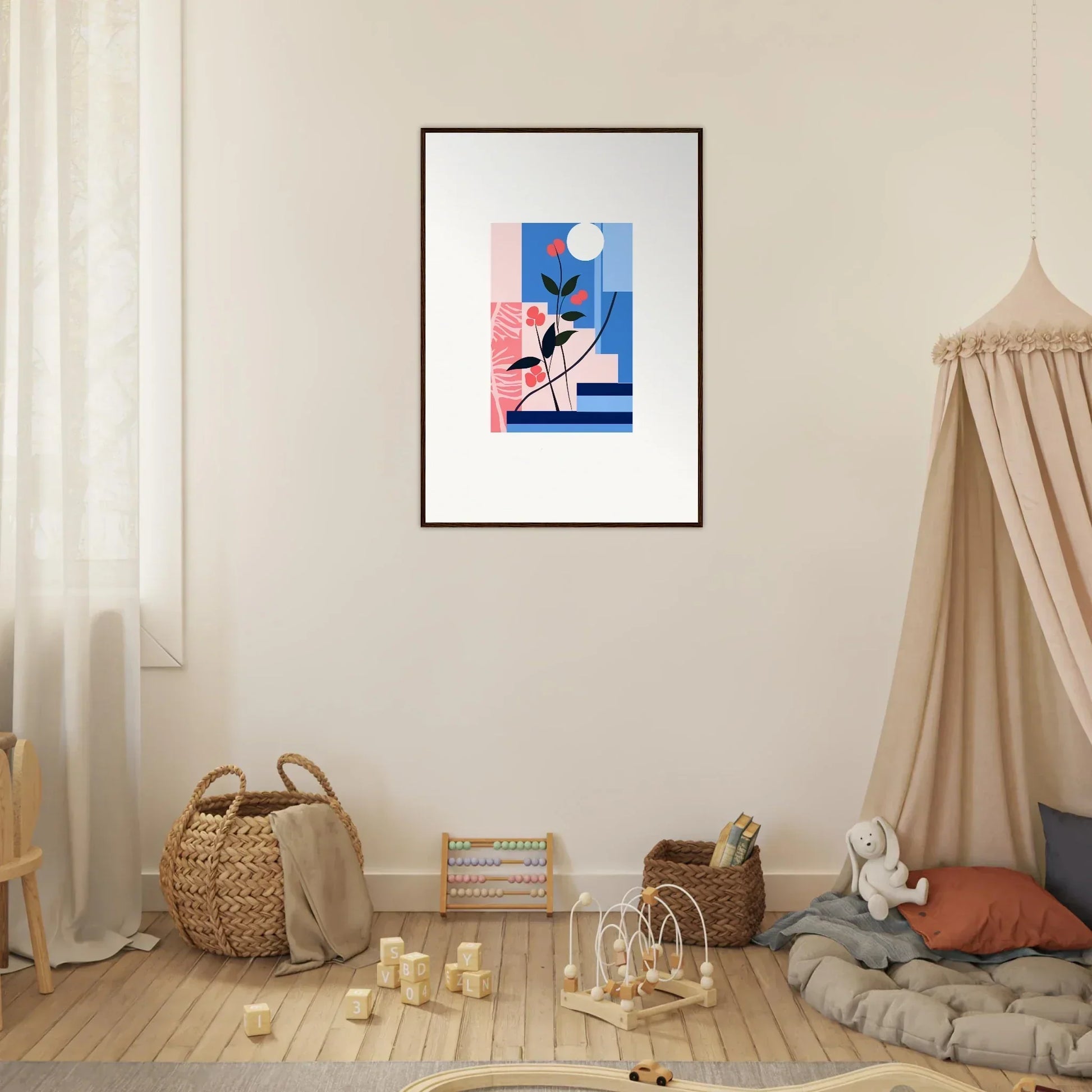 Framed canvas print of Luminous Floral Paradox with geometric shapes and a human figure