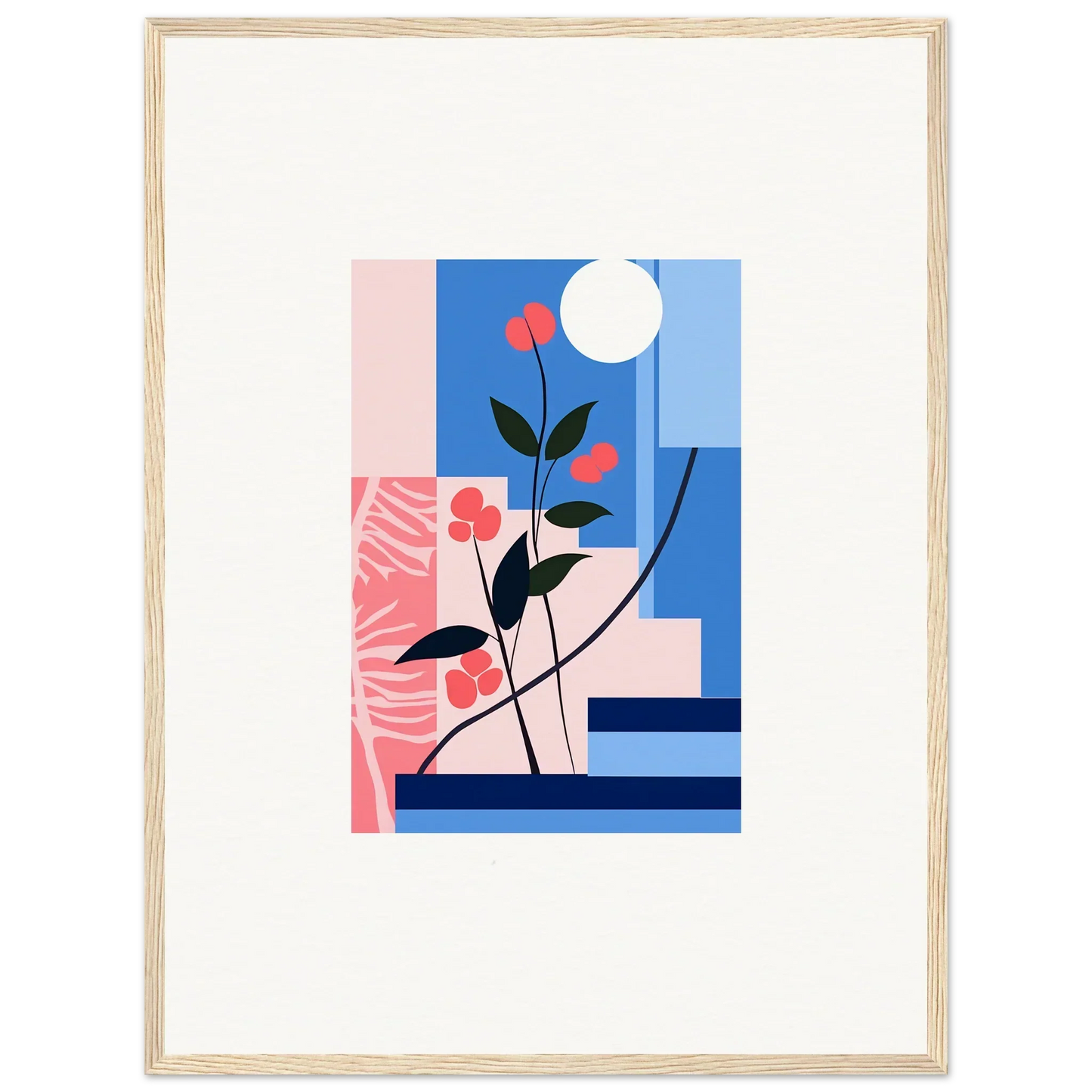 Abstract floral artwork with red flowers on blue and pink shapes for room decoration