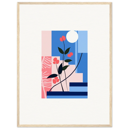 Abstract floral artwork with red flowers on blue and pink shapes for room decoration