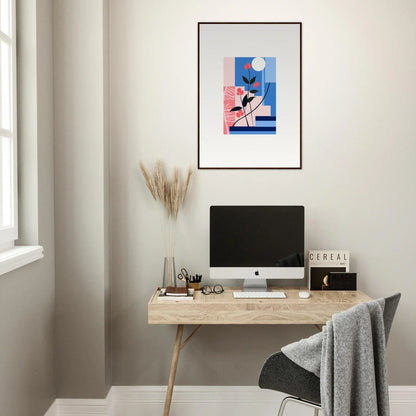 Chill minimalist home office with wooden desk, computer, and floral paradox canvas print