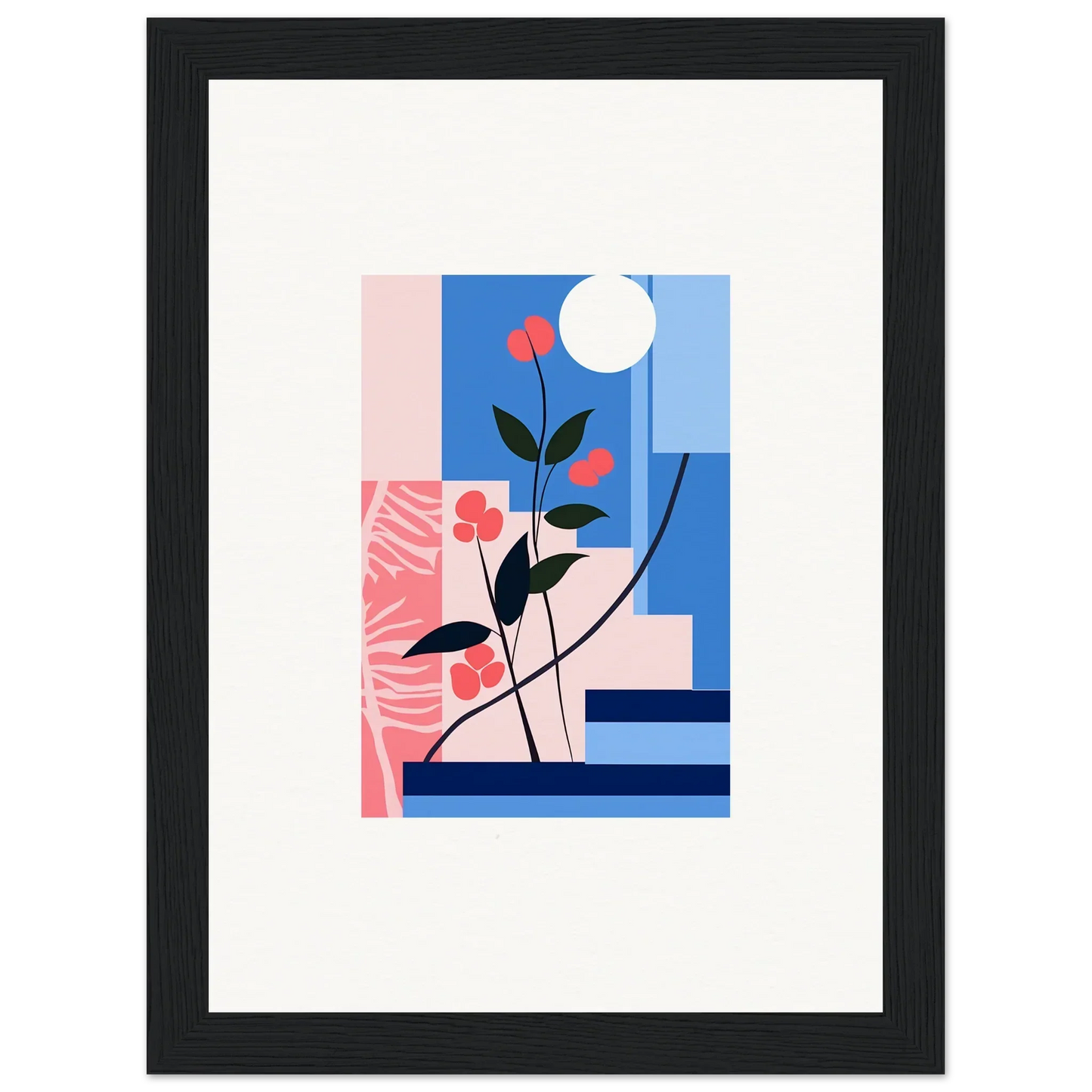 Framed canvas print of Luminous Floral Paradox with vibrant flowers and geometric blocks