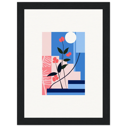 Framed canvas print of Luminous Floral Paradox with vibrant flowers and geometric blocks