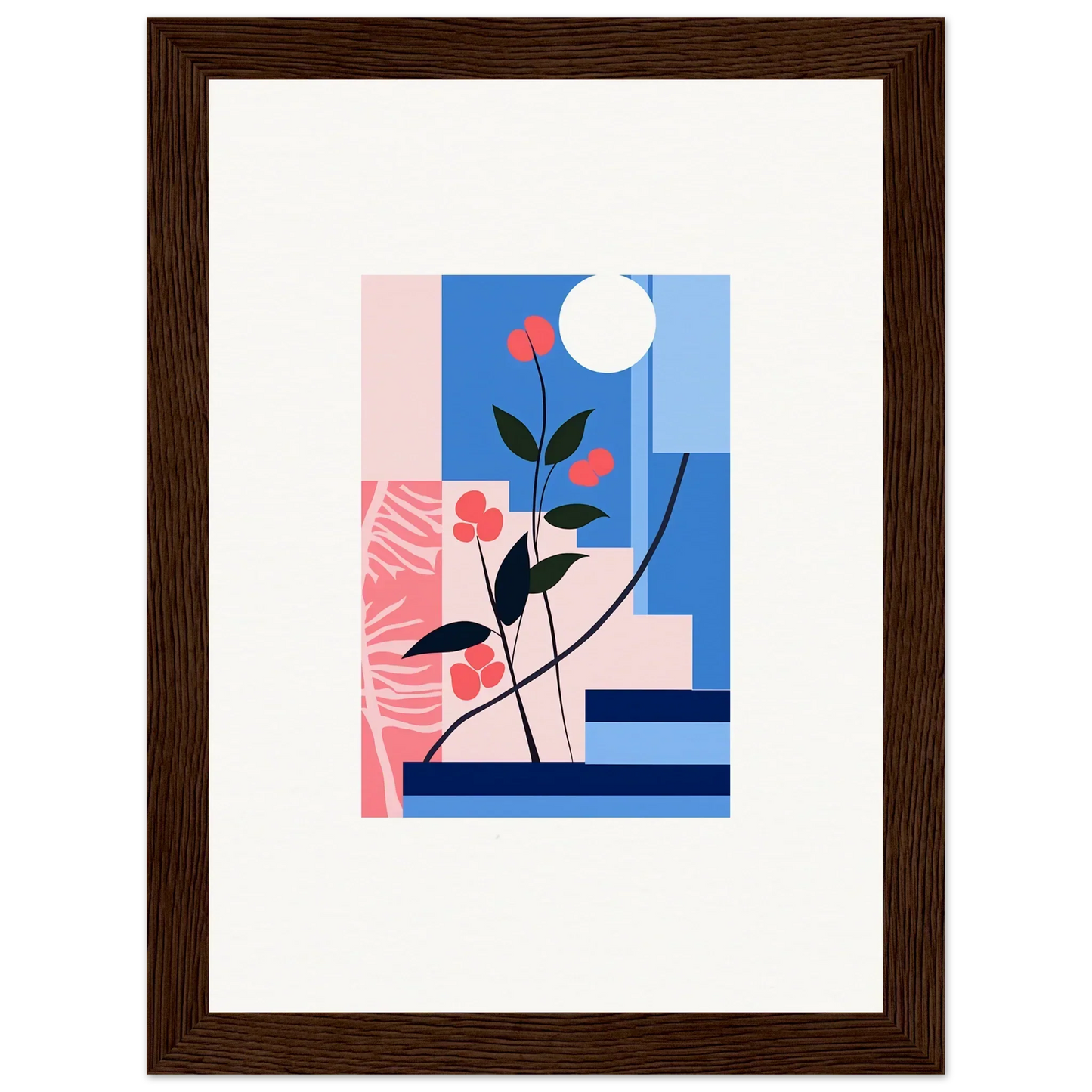 Framed canvas print of Luminous Floral Paradox with stylized flowers and geometric blocks