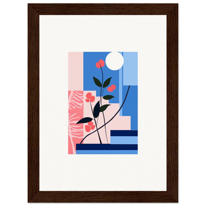 Framed canvas print of Luminous Floral Paradox with stylized flowers and geometric blocks