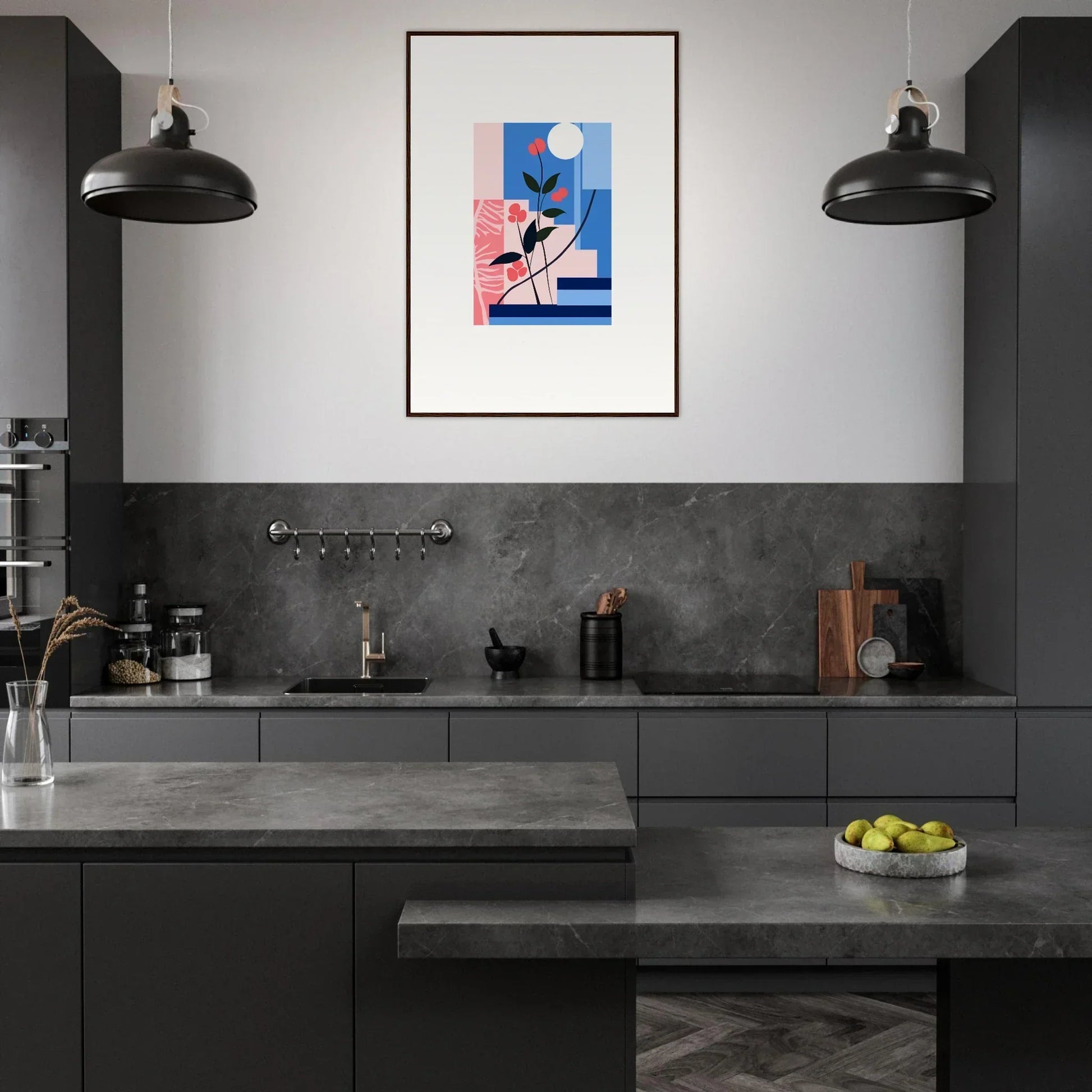 Modern kitchen with dark cabinets, concrete tops, and Floral Paradox canvas print decor