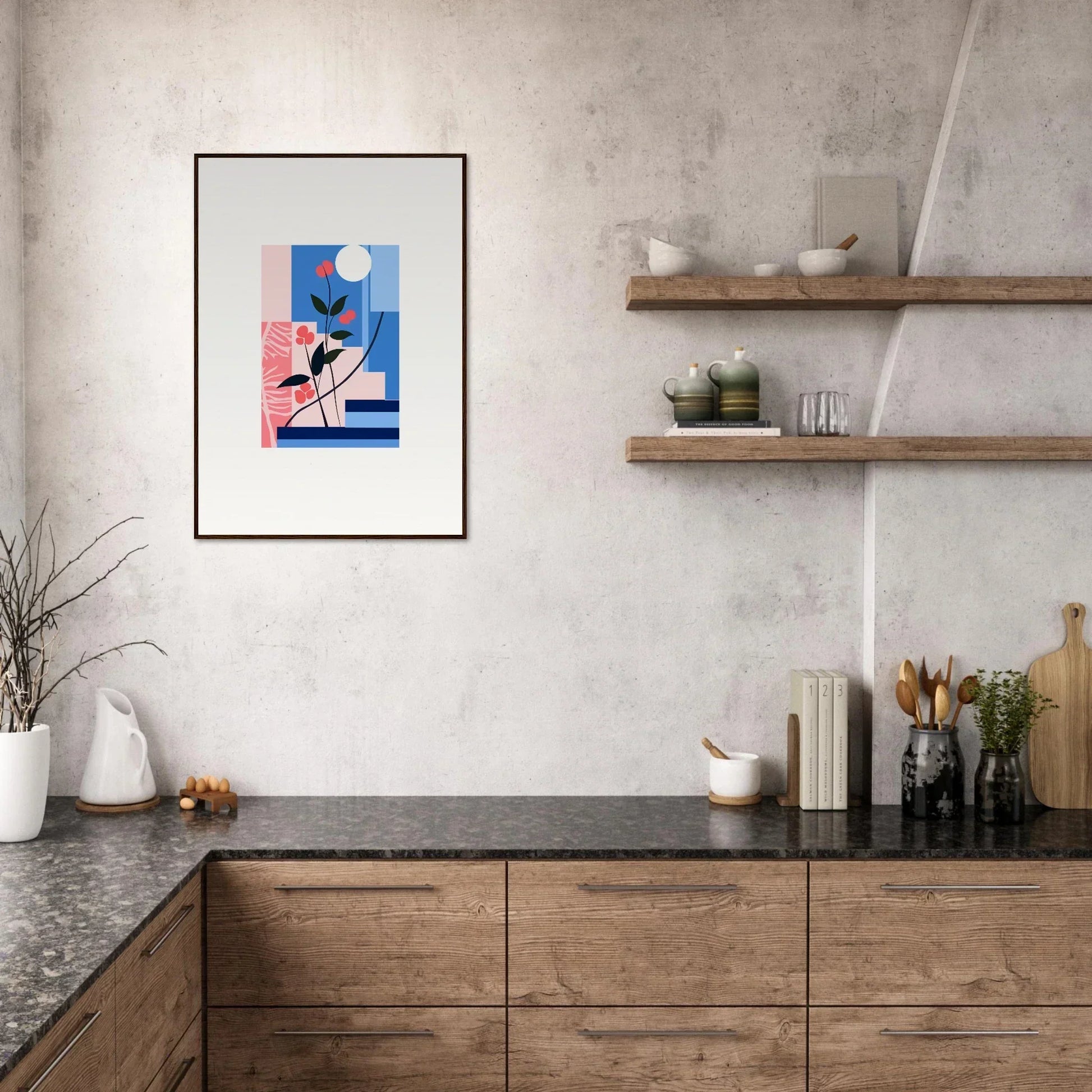 Modern kitchen with wooden cabinets and floral paradox canvas print for room decoration