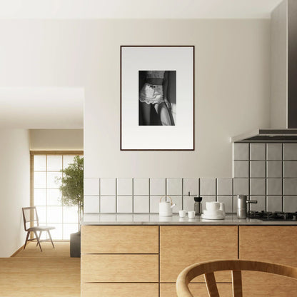 Modern kitchen with wooden cabinetry and a framed black-and-white photograph on the wall.