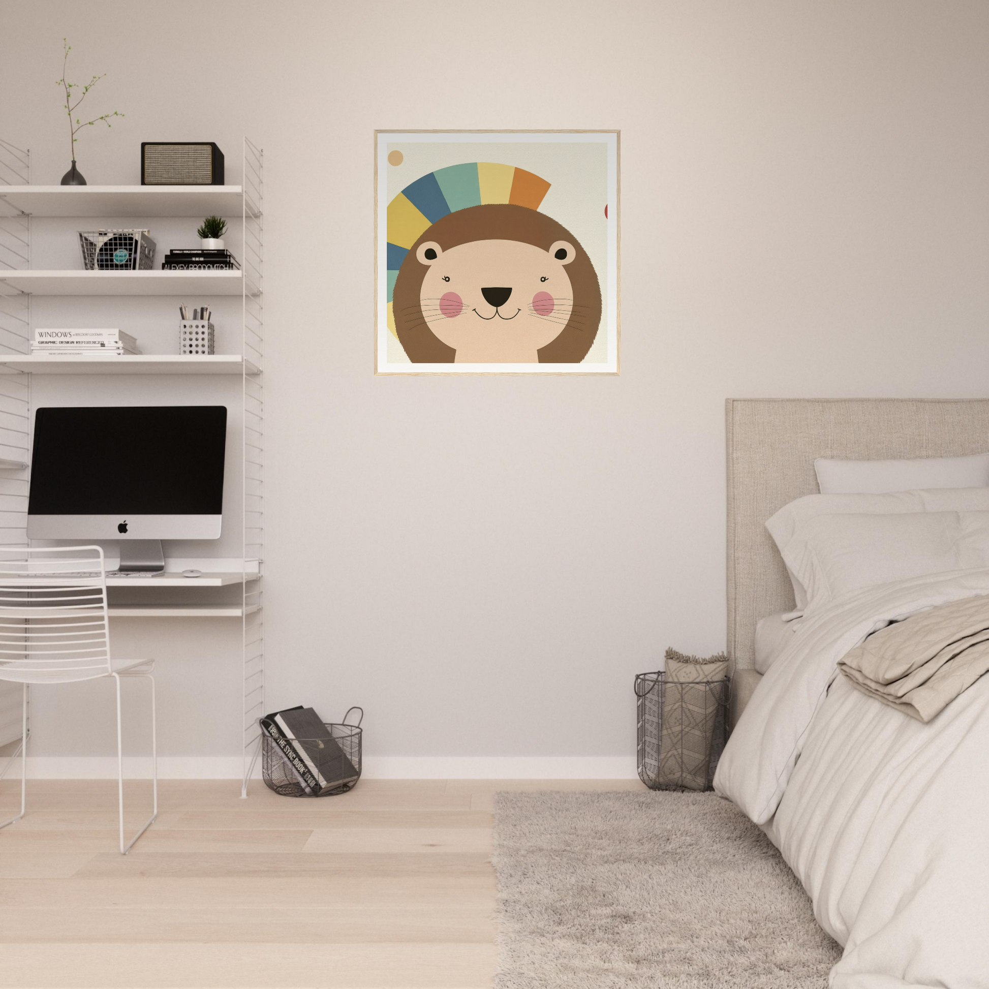 Cute cartoon bear artwork featuring a vibrant rainbow arc in Luminous Mane Whisper