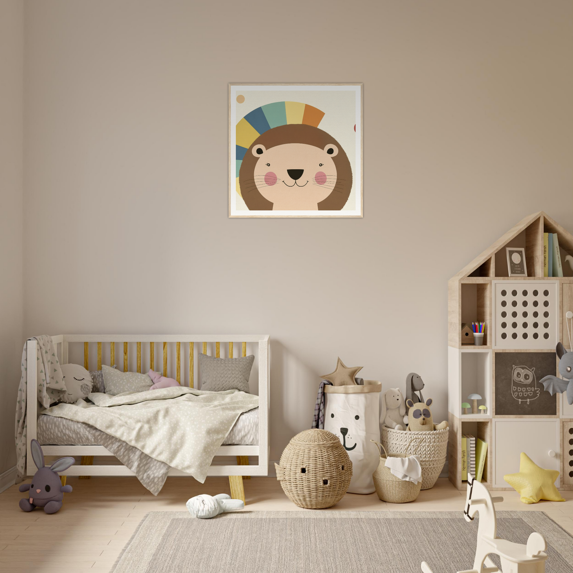 Cozy nursery in neutral tones featuring bear artwork above the crib by Luminous Mane Whisper