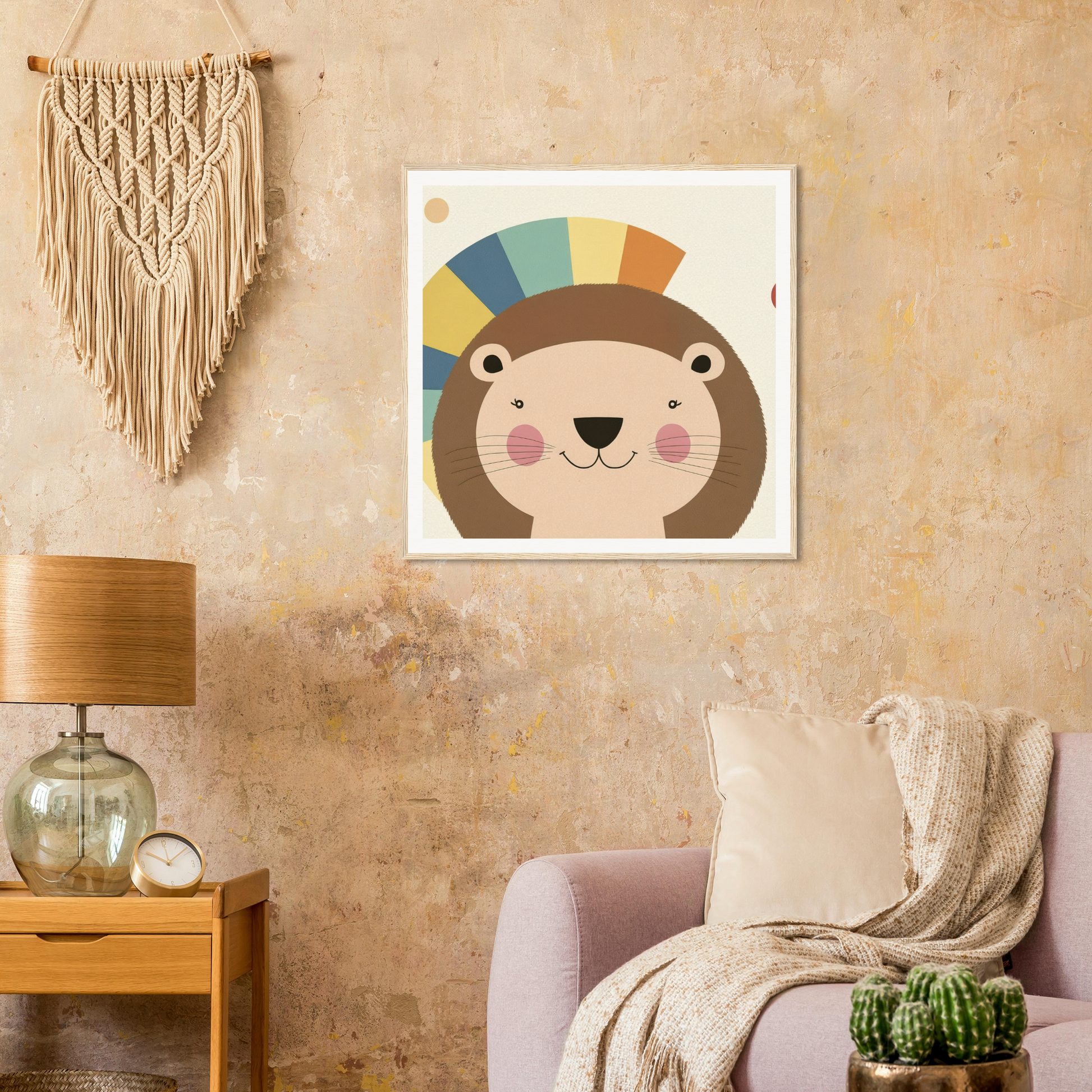 Cute cartoon lion with a rainbow mane on canvas titled Luminous Mane Whisper