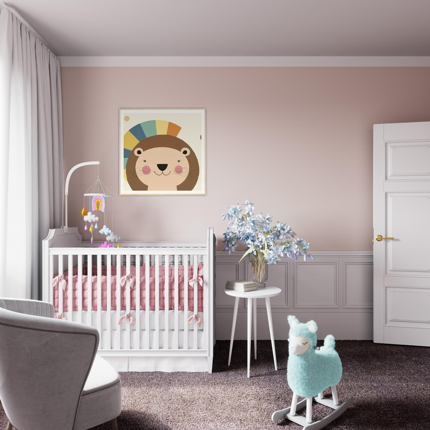 White wooden crib with pink bedding from Luminous Mane Whisper collection