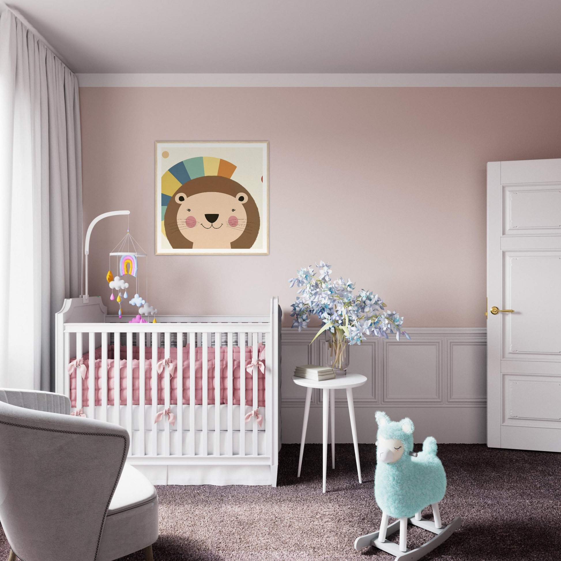 White wooden crib with pink bedding from Luminous Mane Whisper collection