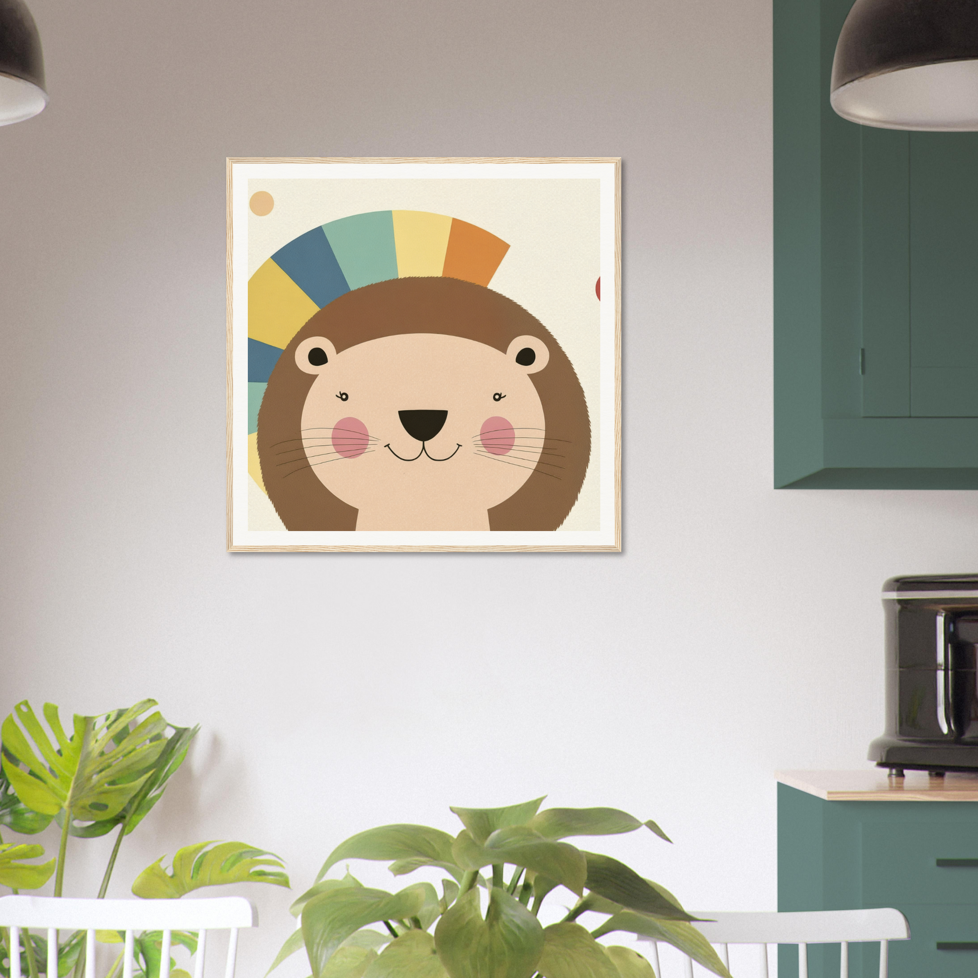 Cute cartoon bear artwork featuring a colorful rainbow headdress in a stylish frame