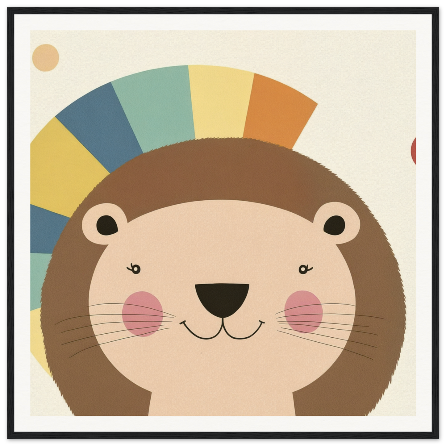 Smiling brown otter with rosy cheeks and a vibrant rainbow behind its head