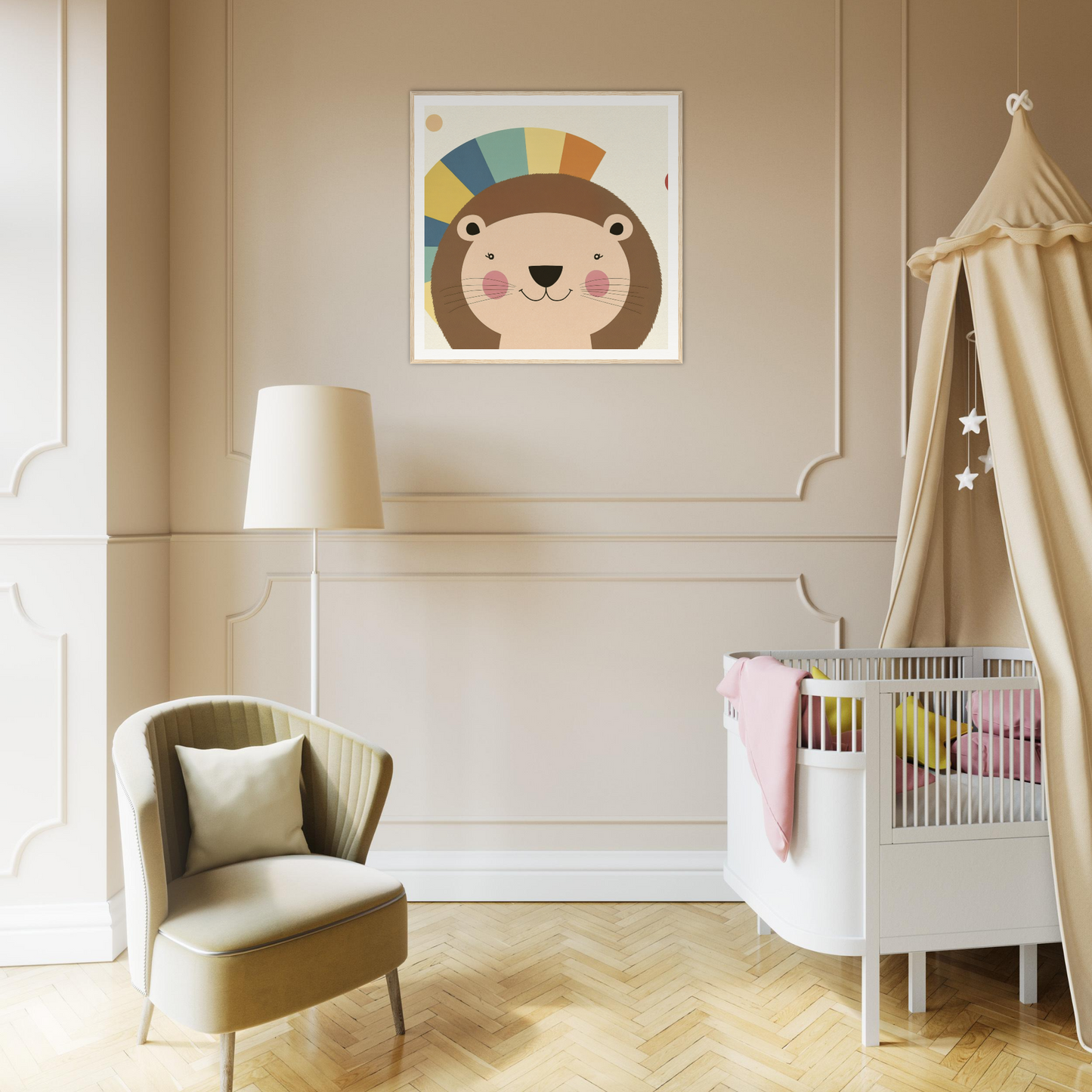 Whimsical bear artwork in a modern nursery room with Luminous Mane Whisper crib and canopy