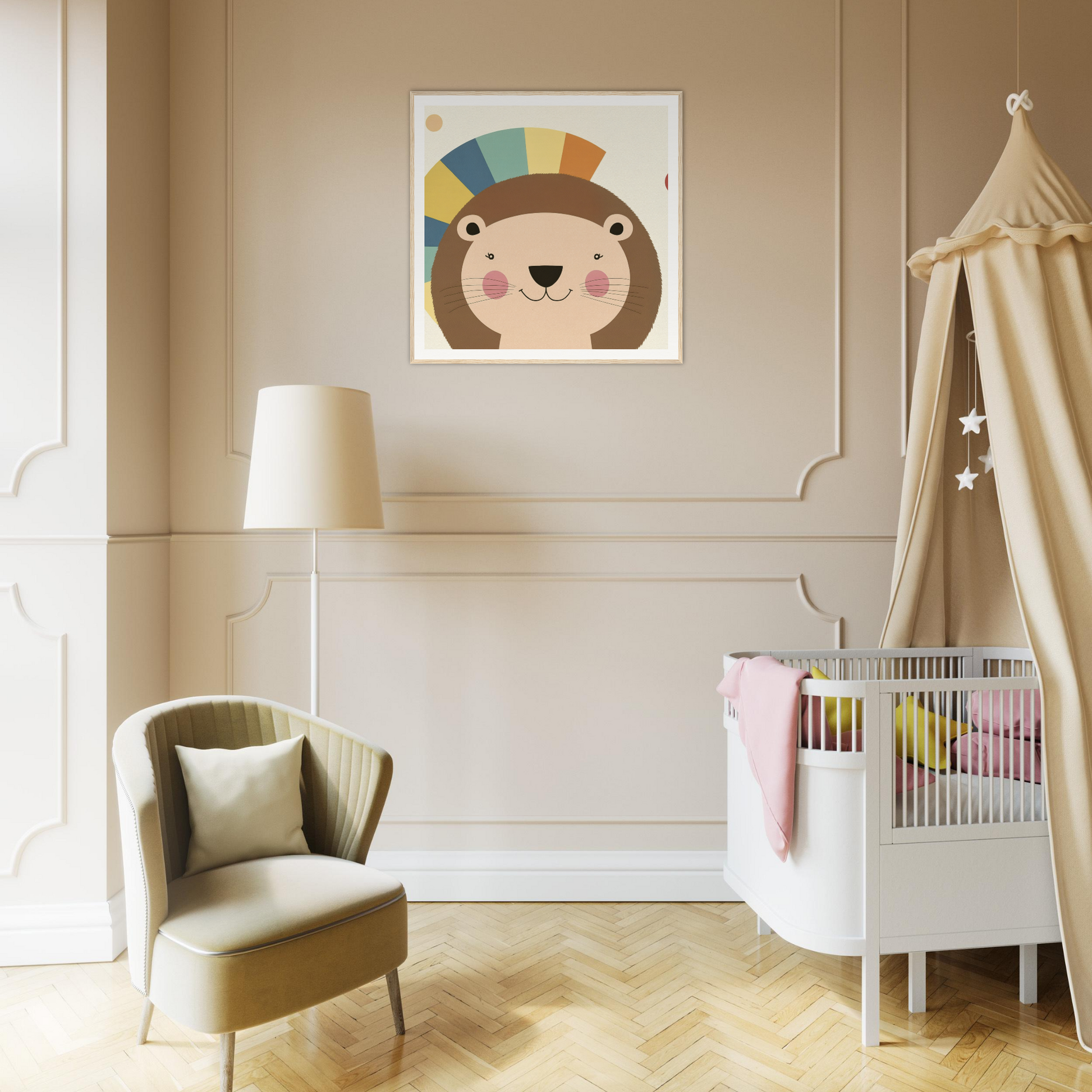 Whimsical bear artwork in a modern nursery room with Luminous Mane Whisper crib and canopy