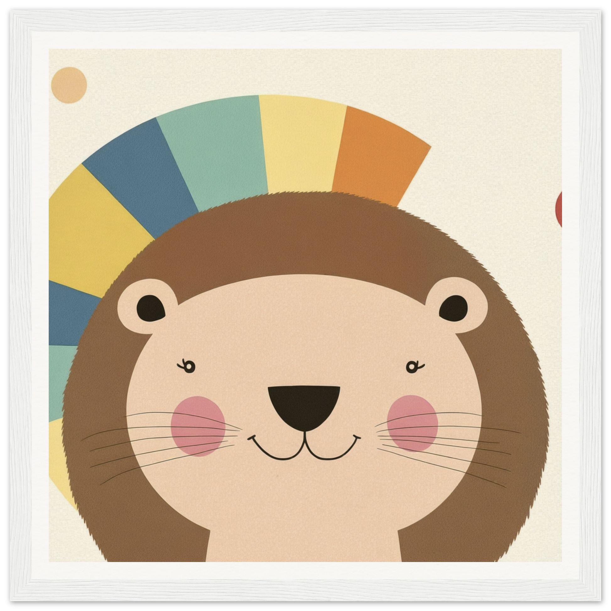 Cute cartoon otter with rosy cheeks and vibrant rainbow fan pattern background