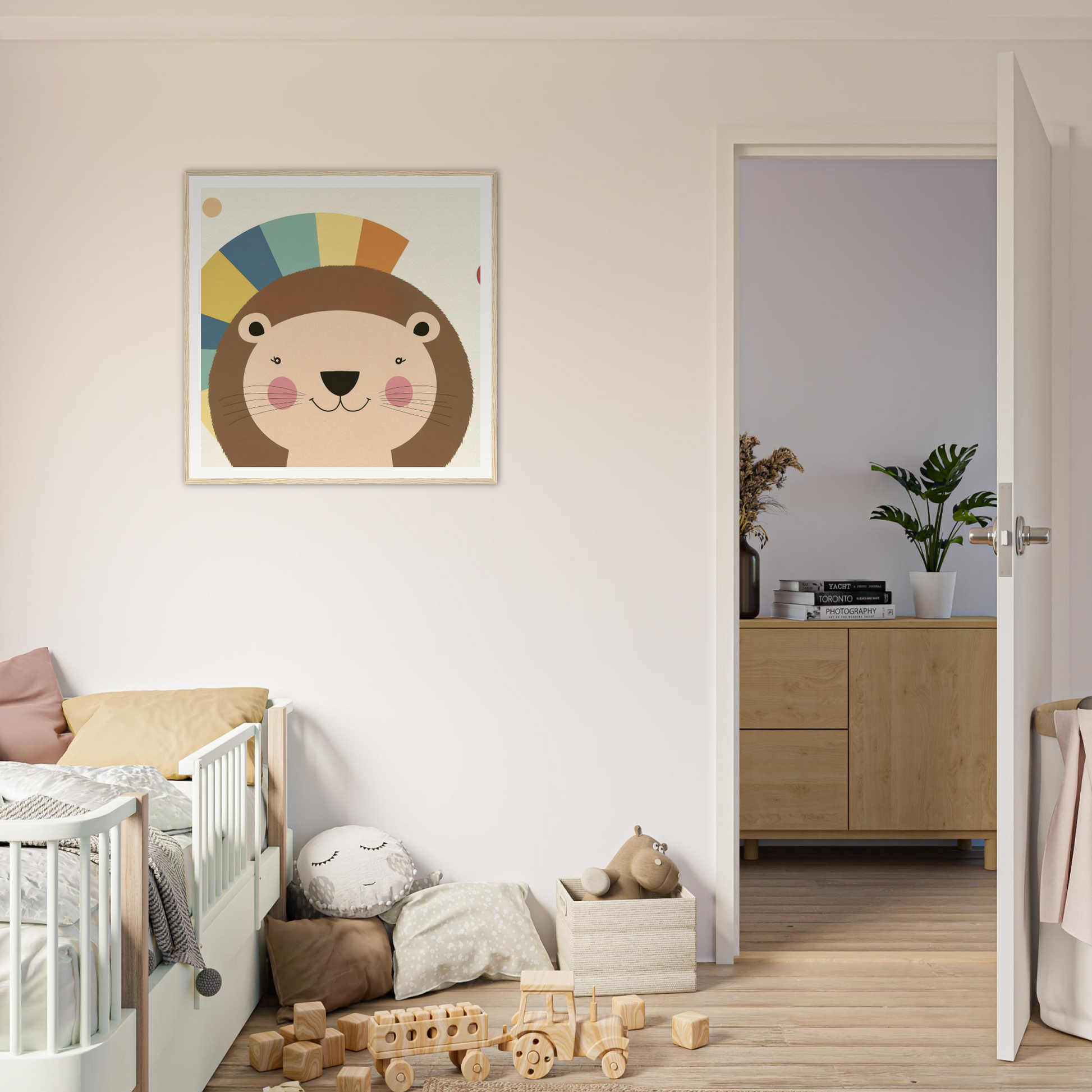 Cute cartoon lion artwork wearing a colorful striped hat for Luminous Mane Whisper