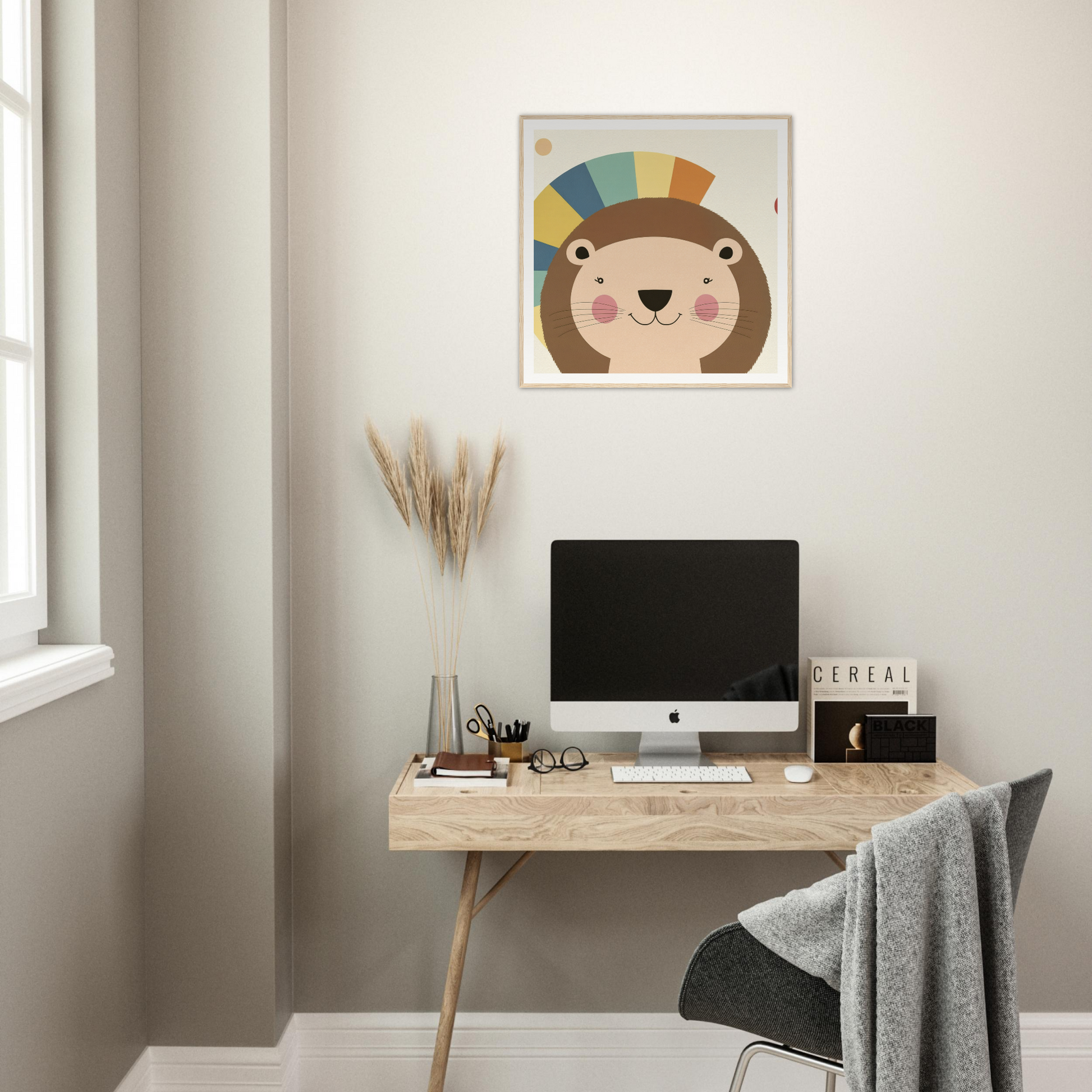 Minimalist wooden desk with iMac and Luminous Mane Whisper lion artwork above