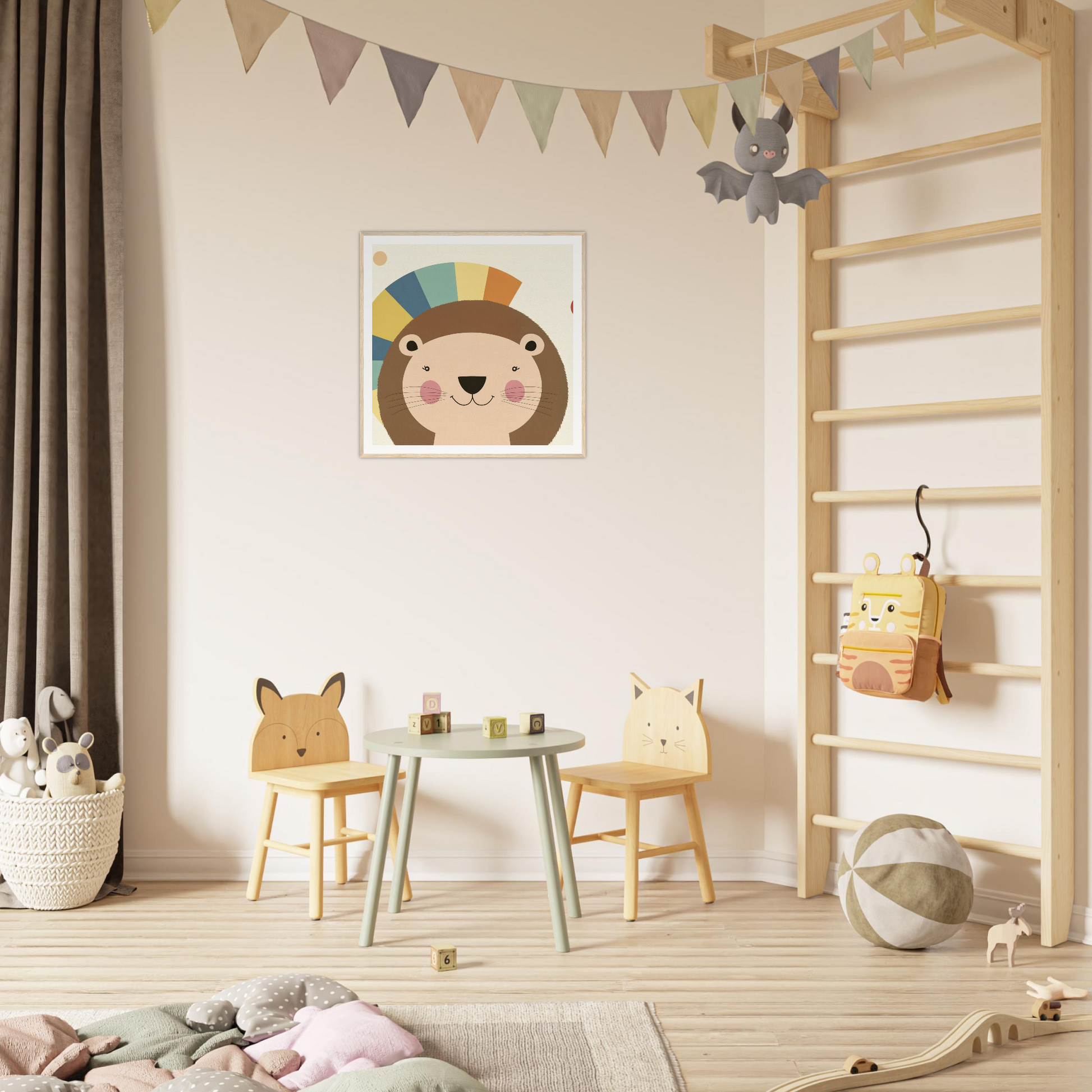 Children’s play area featuring animal-themed chairs and a round table in Luminous Mane Whisper
