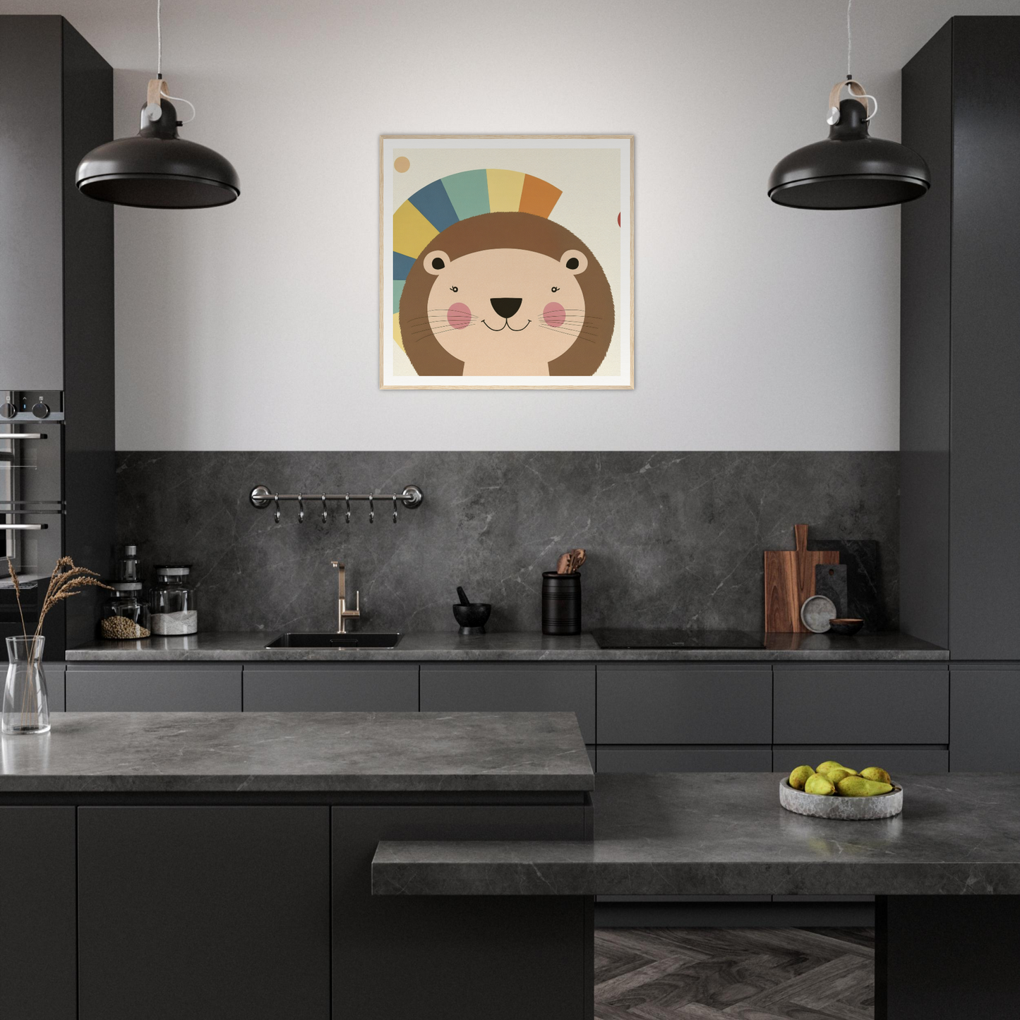 Modern dark gray kitchen featuring black pendant lights and whimsical animal artwork