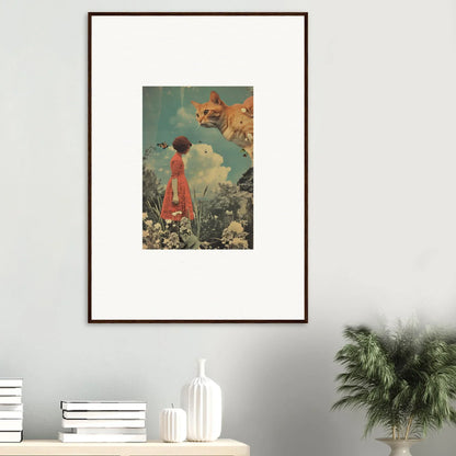 Framed surrealist canvas print of a figure in red, perfect for Meadows Serenade room decoration