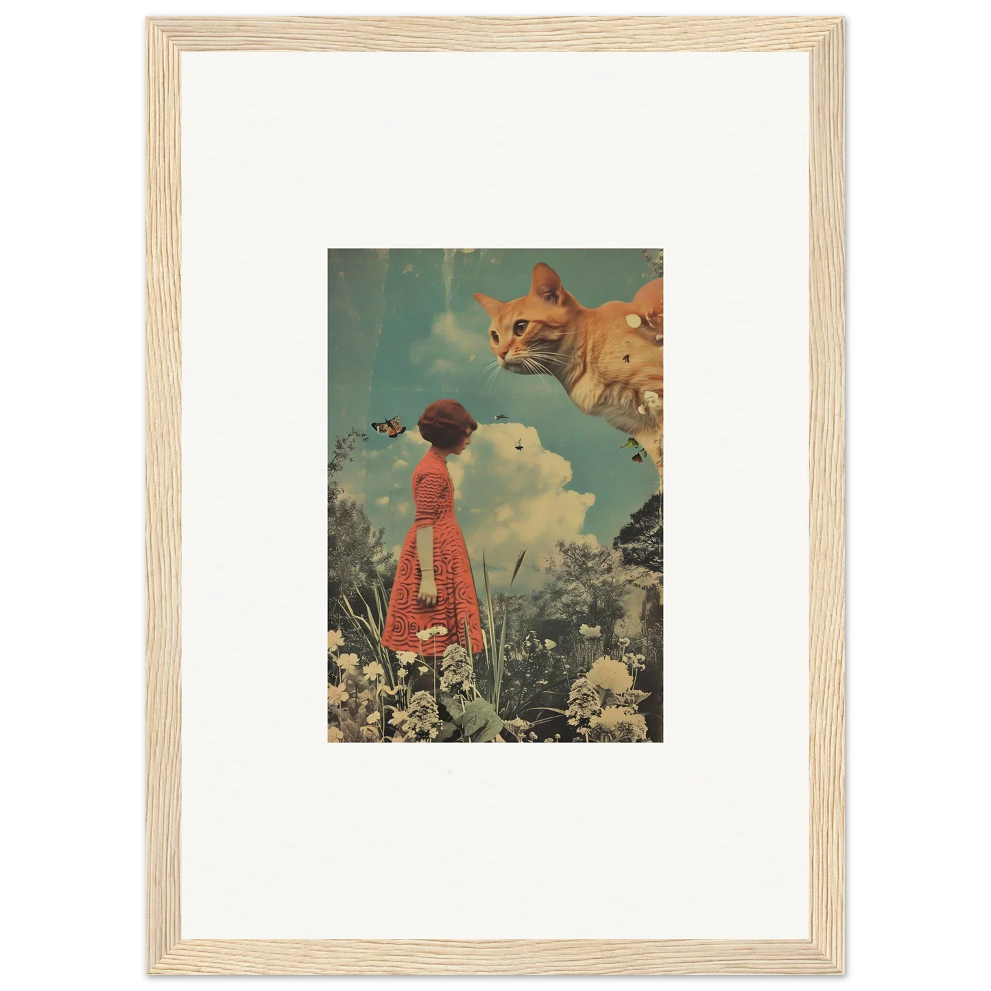 Surrealist canvas print with a figure in a red dress and oversized cat for meadows serenade room decoration