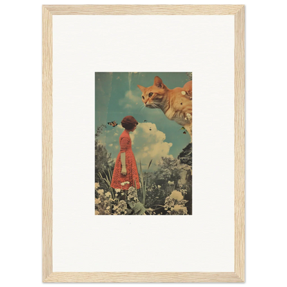 Surrealist canvas print with a figure in a red dress and oversized cat for meadows serenade room decoration