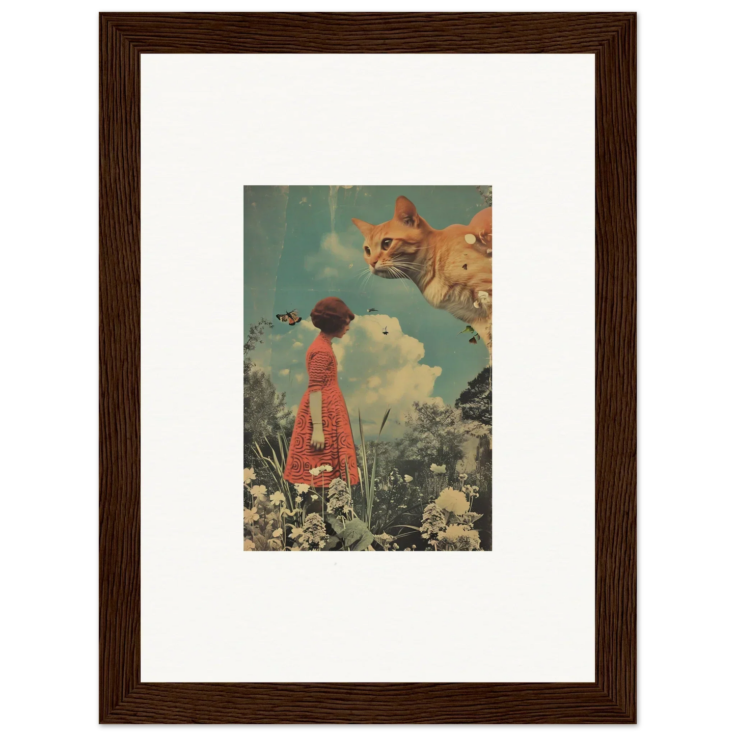 Framed surrealist canvas print of a girl in a red dress with a giant cat in Meadows Serenade