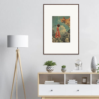 Framed canvas print of Luminous Meadows Serenade featuring a figure in a red dress