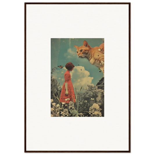 Framed Surrealist Canvas Print of a Person in Red Dress and Giant Cat Head for Meadows Serenade Room Decoration