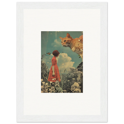 Surreal canvas print of a person in a red dress and giant cat, perfect meadows serenade room decoration