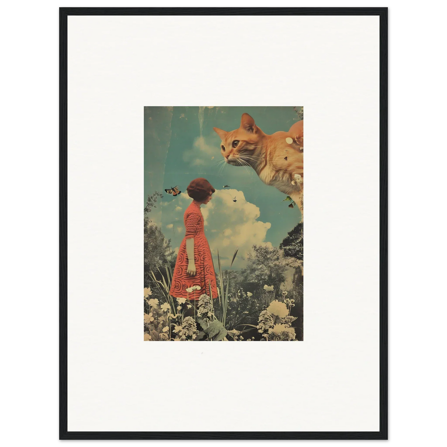 Surreal collage of a woman in a red dress and giant cat for Meadows Serenade canvas print