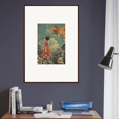 Framed canvas print of Meadows Serenade with a figure in a red dress, flowers, and butterflies