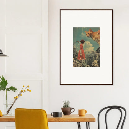 Framed canvas print of Luminous Meadows Serenade with surreal figure and flowers