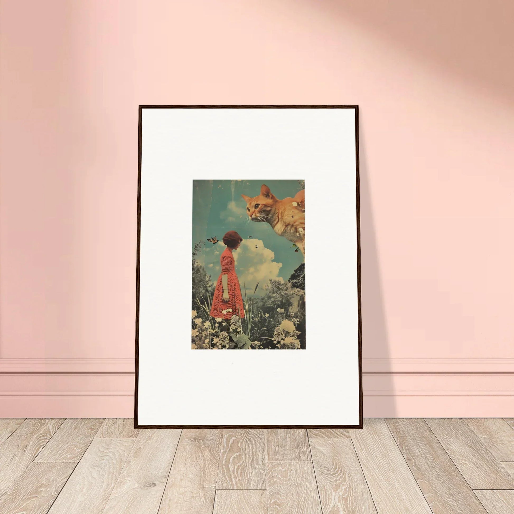 Framed canvas print of a person in a red dress in Meadows Serenade with a giant cat head