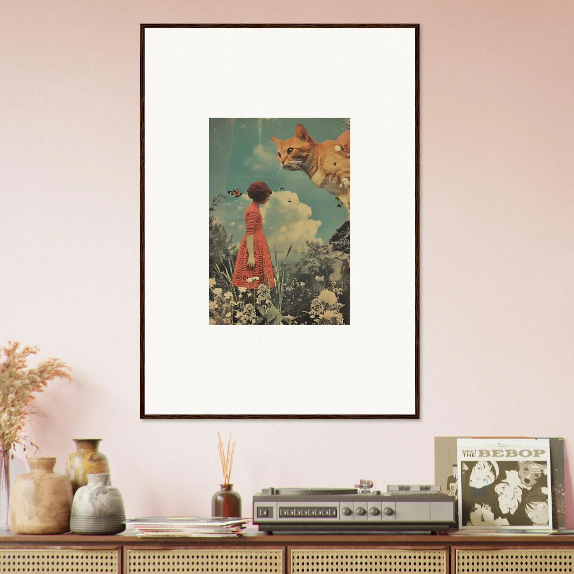 Framed surrealist canvas print of a figure in a red hat gazing at celestial meadows serenade