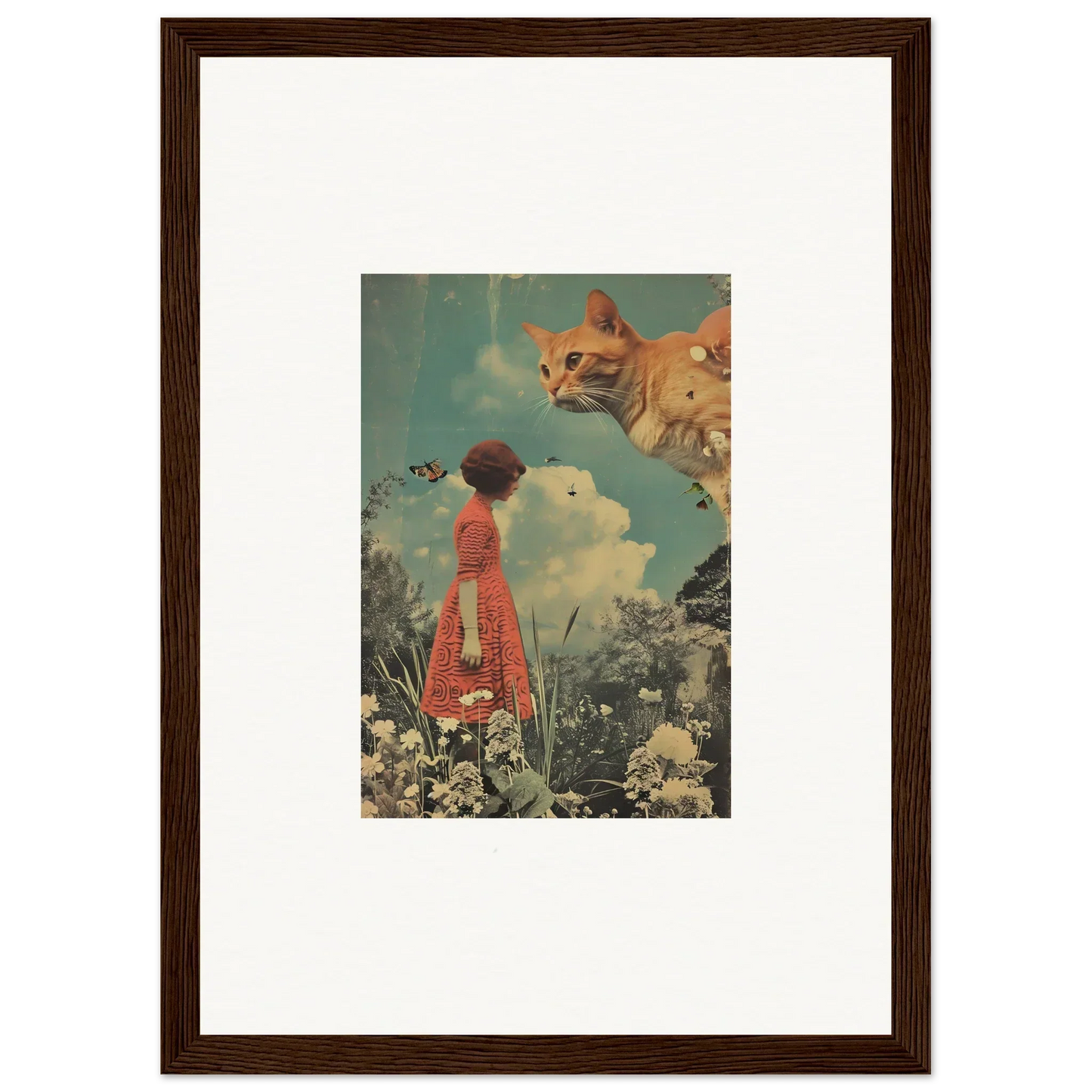 Surreal canvas print of a person in a red dress with a giant cat in Luminous Meadows Serenade