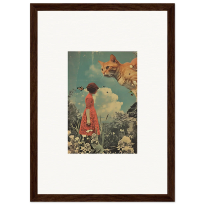 Surreal canvas print of a person in a red dress with a giant cat in Luminous Meadows Serenade