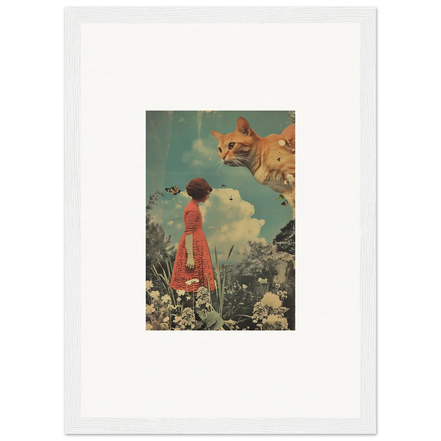 Surreal collage of a figure in a red dress with an oversized cat for a vibrant room decoration