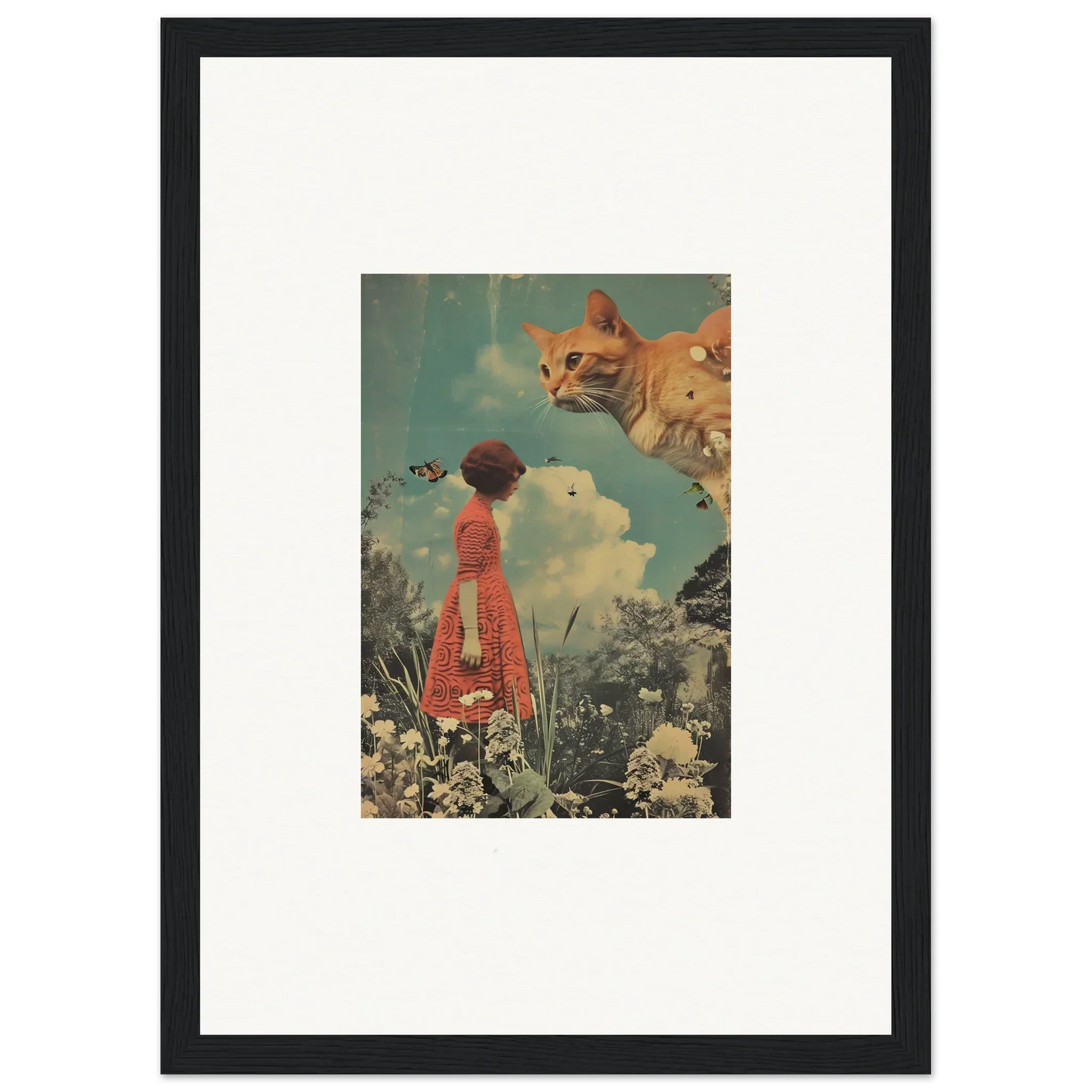 Surreal collage of a person in a red dress and an oversized cat in Luminous Meadows Serenade canvas print