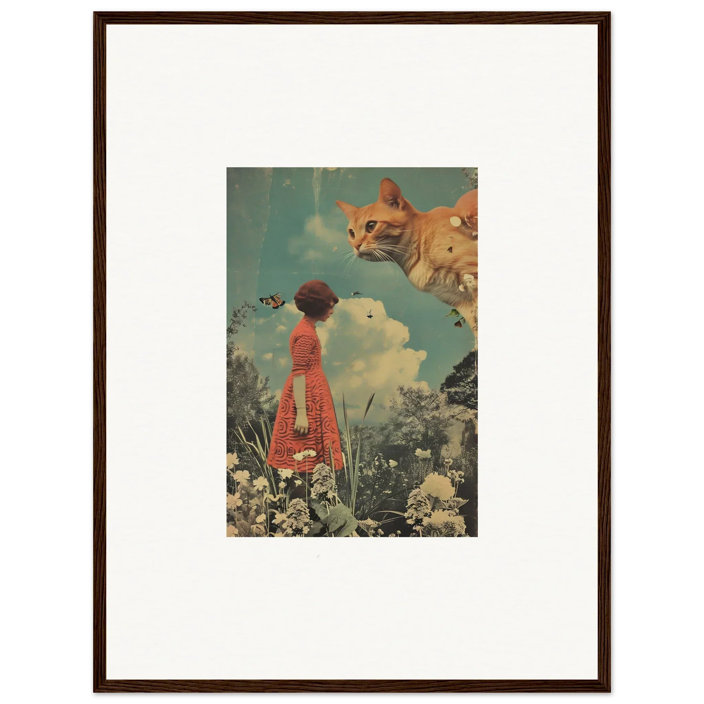 Surreal Luminous Meadows Serenade canvas print of a woman in red dress facing giant cat