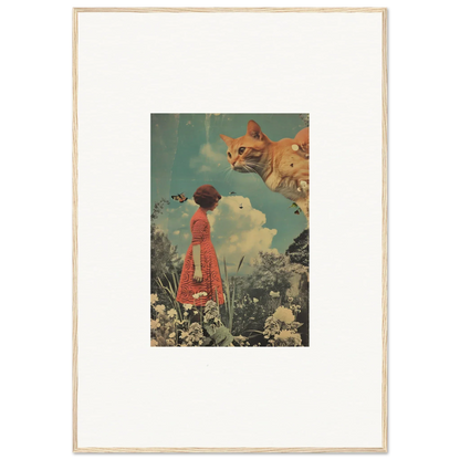 Surreal collage with a person in a red dress facing a giant cat head for Meadows Serenade canvas print