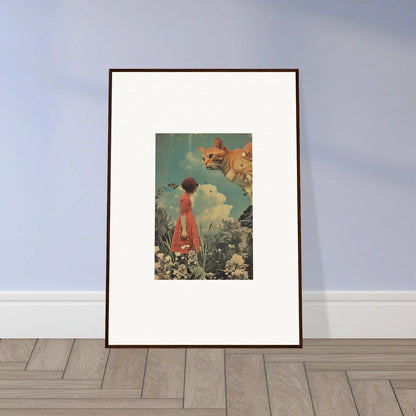 Surreal canvas print of Luminous Meadows Serenade with flowers, red dress, and a giant cat